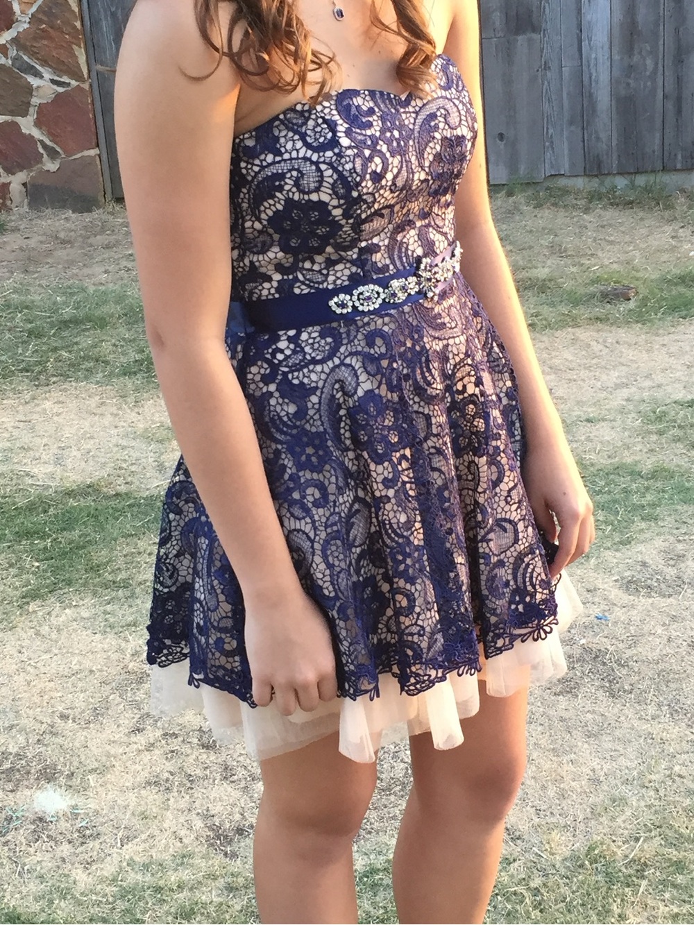 Girls Navy Lace Overlay Party Dress with Champagne Lining